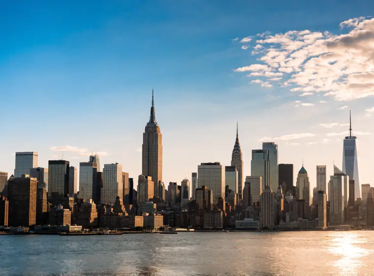 The New York City skyline at golden hour