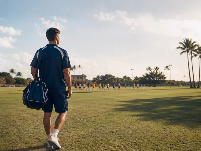 A coach arriving at a sunny American training field