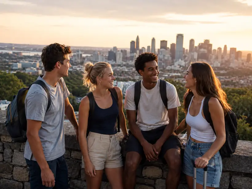 Friends watching the sunset over an American city skyline